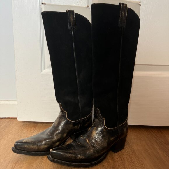 Vintage Frye Black Suede and Distressed Leather Tall Cowboy Boot, Size 8 - Picture 2 of 4
